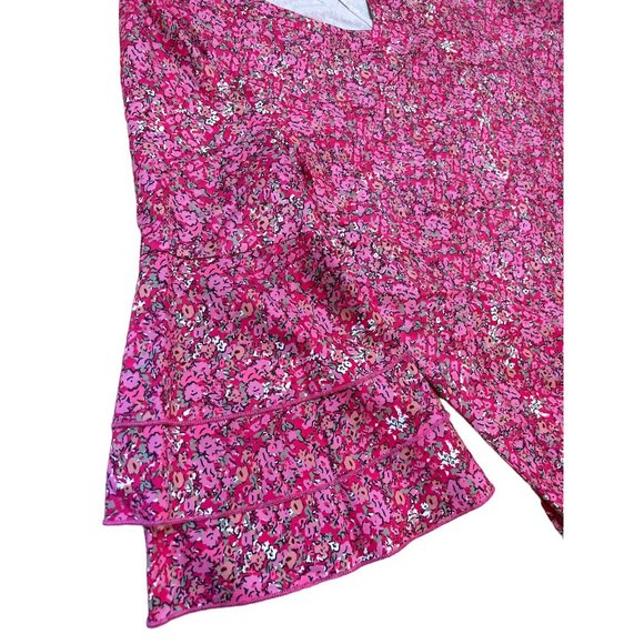 NoraCora Women's Pink Floral V-Neck Shirt Dress Size Small Trumpet Sleeve - Picture 2 of 11
